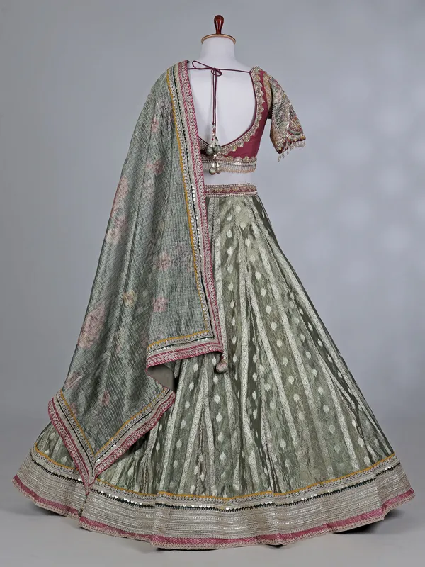 Pastel green banarasi silk round neck lehenga choli