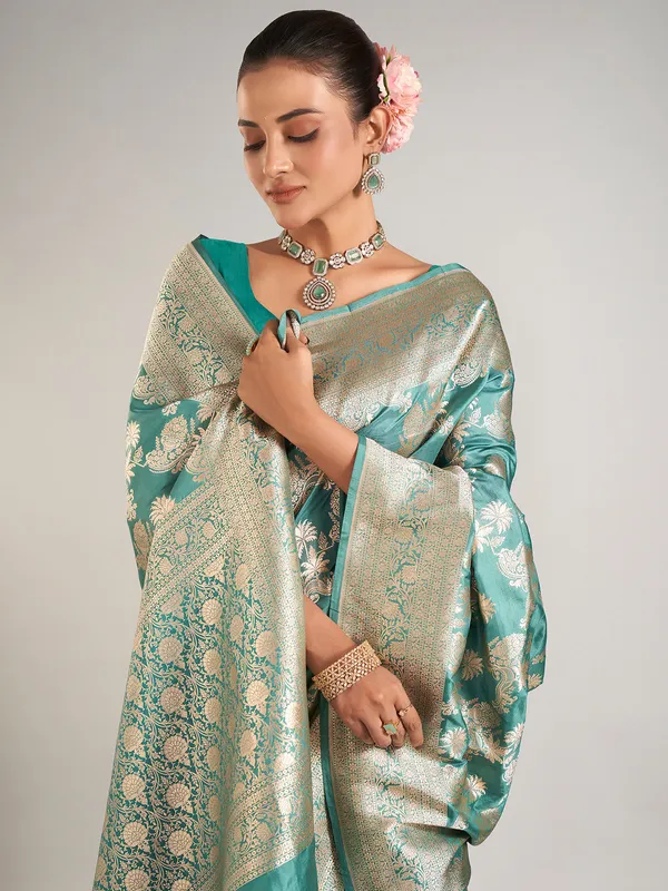 Pastel green banarasi silk saree for wedding