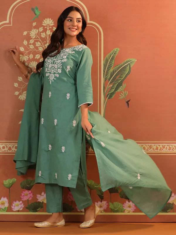 Pastel green cotton festival wear kurti set