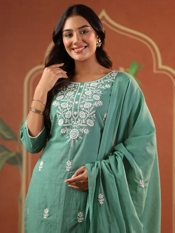 Pastel green cotton festival wear kurti set