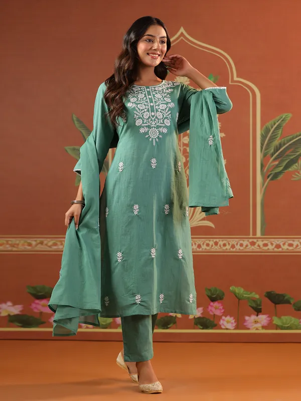 Pastel green cotton festival wear kurti set