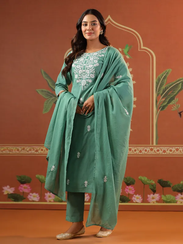 Pastel green cotton festival wear kurti set