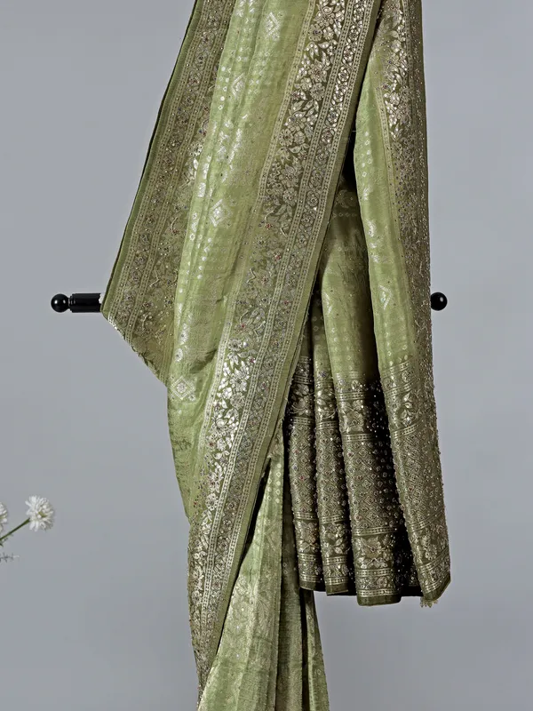Pastel green dola silk mehendi saree