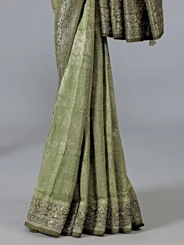Pastel green dola silk mehendi saree