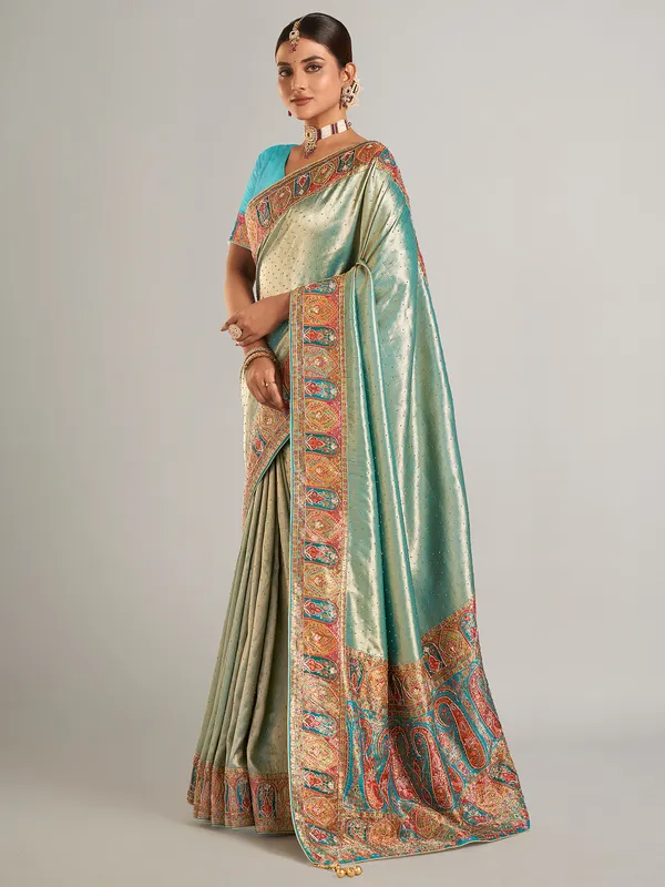 Pastel green pashmina silk saree