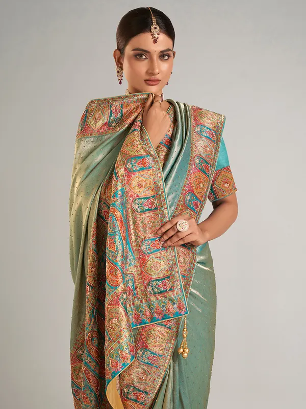 Pastel green pashmina silk saree