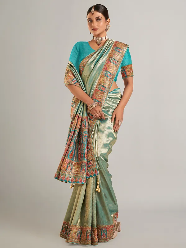 Pastel green pashmina silk saree