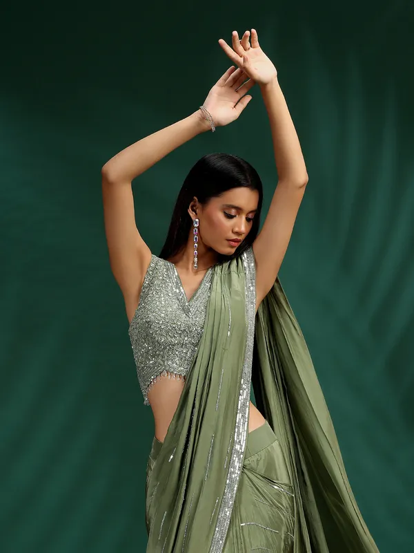 Pastel green satin silk ready to wear saree