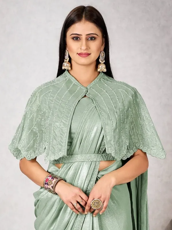 Pastel green shimmer georgette saree with waist belt
