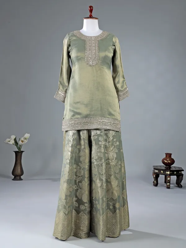 Pastel green silk palazzo suit with dupatta