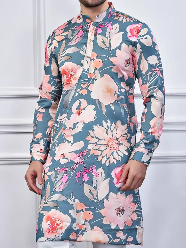 Pastel grey cotton printed kurta suit for festive