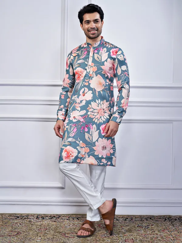 Pastel grey cotton printed kurta suit for festive