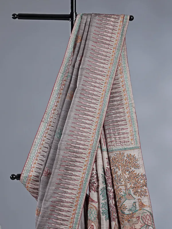 Pastel grey festive wear silk saree