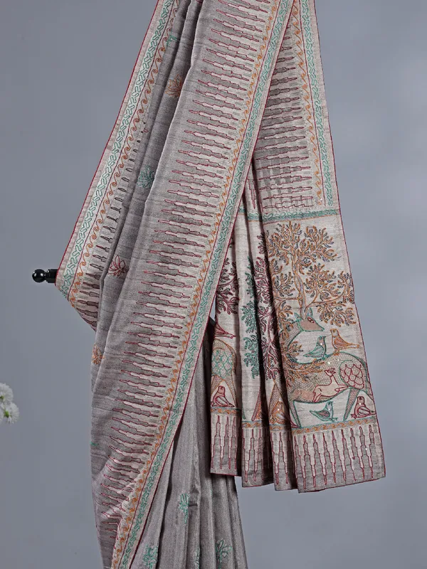 Pastel grey festive wear silk saree