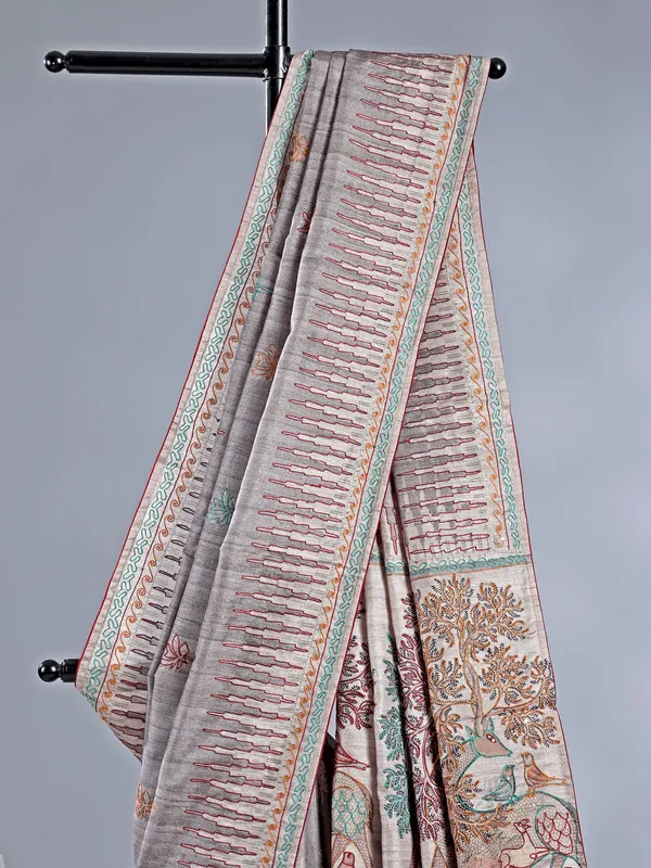Pastel grey festive wear silk saree