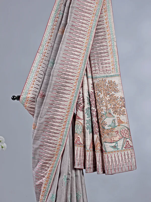 Pastel grey festive wear silk saree