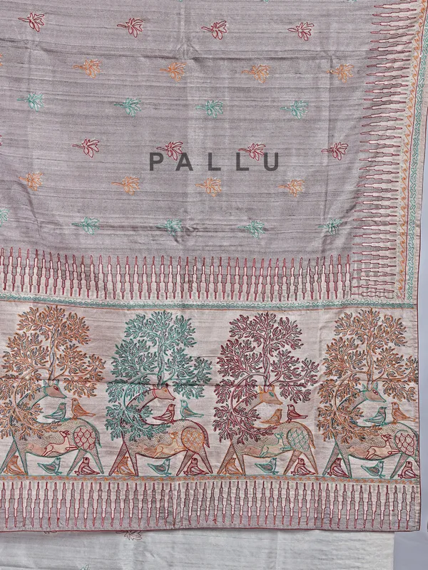 Pastel grey festive wear silk saree