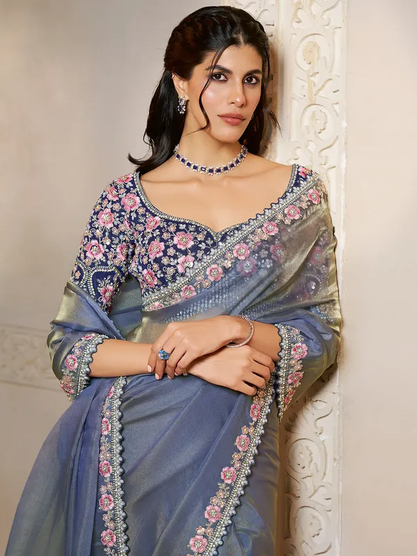 Pastel grey organza satin saree of whispered elegance