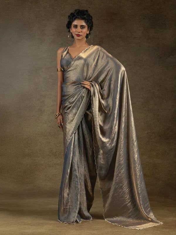 Pastel grey ready to wear saree in satin silk
