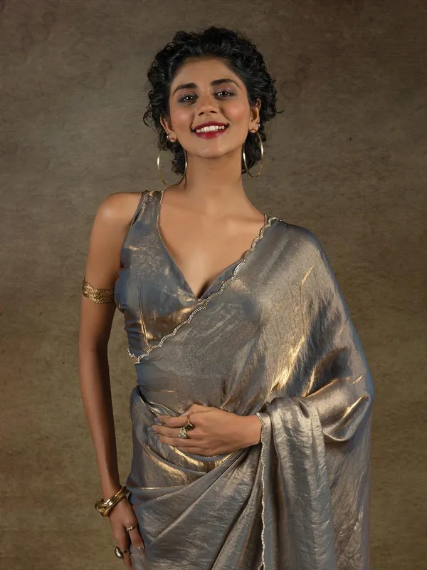 Pastel grey ready to wear saree in satin silk