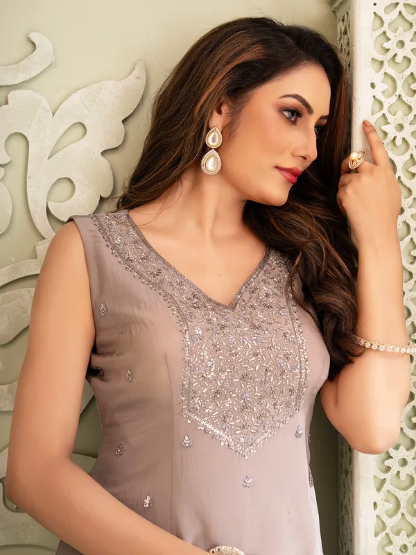 Pastel grey satin silk palazzo suit with thread and stone work