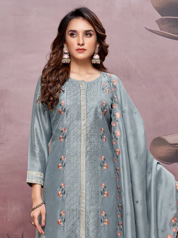 Pastel grey silk embroidered salwar suit with dupatta