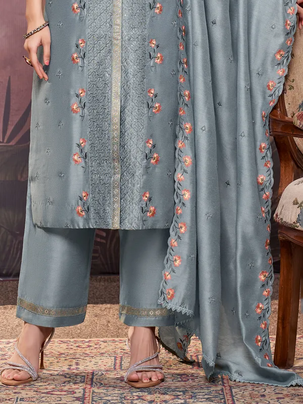Pastel grey silk embroidered salwar suit with dupatta