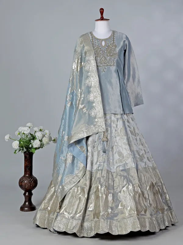 Pastel grey silk keyhole neck lehenga choli