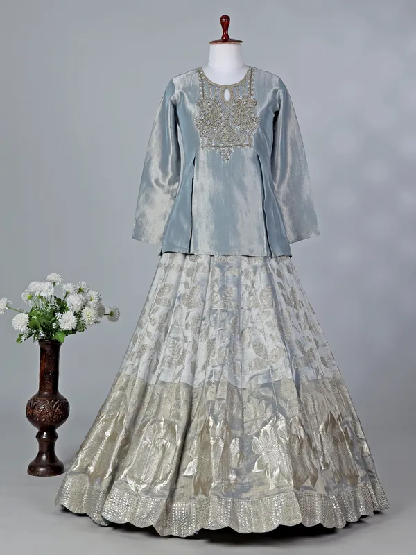 Pastel grey silk keyhole neck lehenga choli