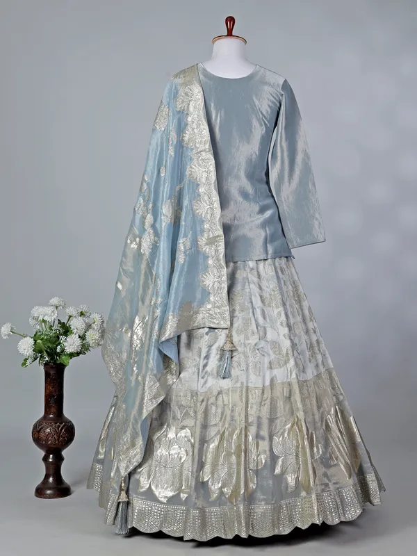 Pastel grey silk keyhole neck lehenga choli