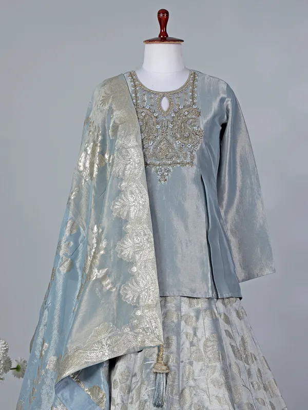 Pastel grey silk keyhole neck lehenga choli