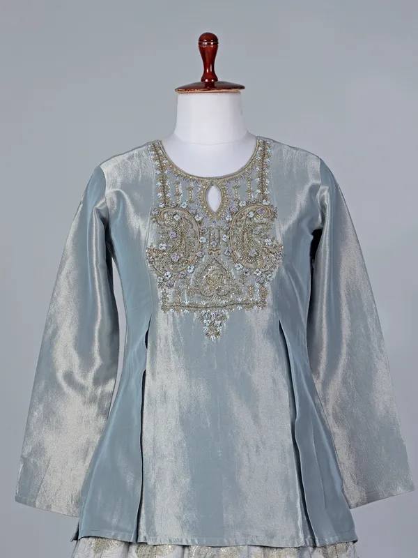 Pastel grey silk keyhole neck lehenga choli