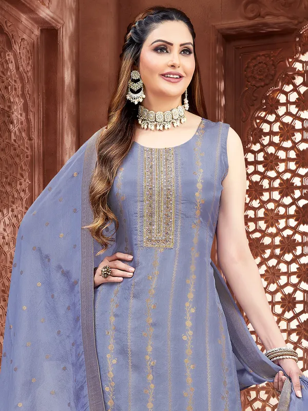 Pastel grey silk salwar suit with dupatta