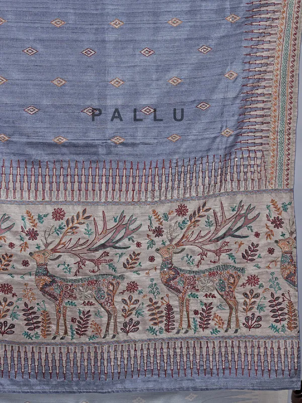 Pastel grey silk saree with thread weaving