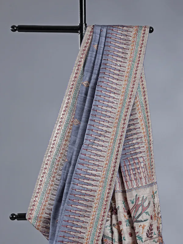 Pastel grey silk saree with thread weaving