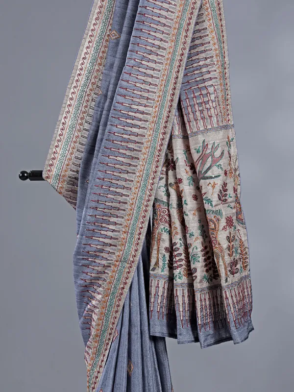Pastel grey silk saree with thread weaving