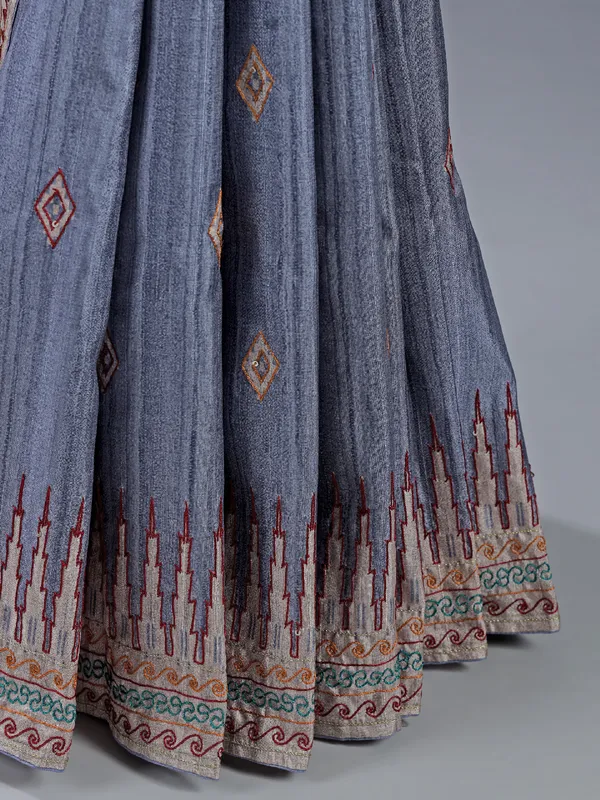 Pastel grey silk saree with thread weaving