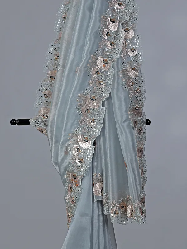 Pastel grey tissue silk saree for wedding wear