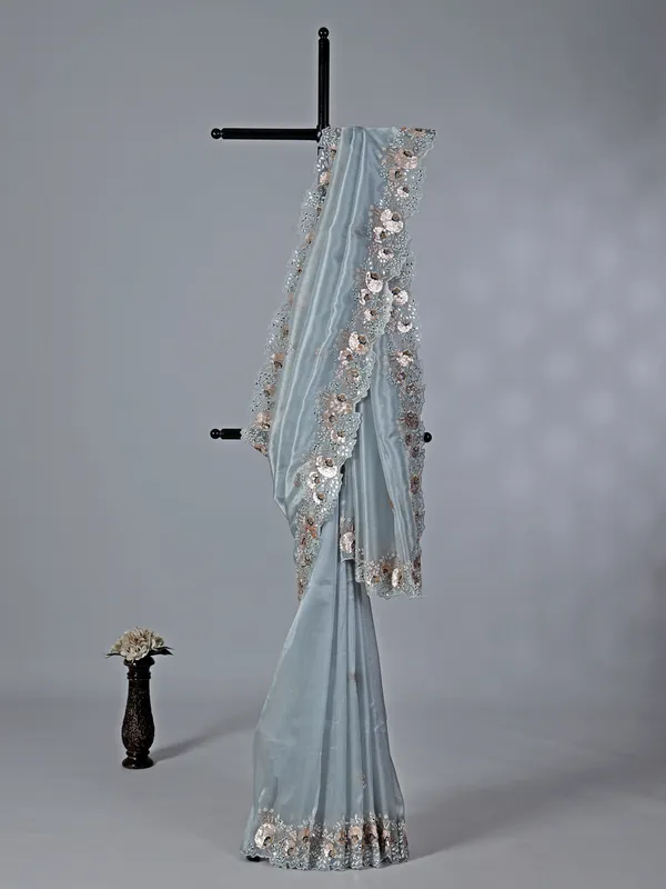 Pastel grey tissue silk saree for wedding wear