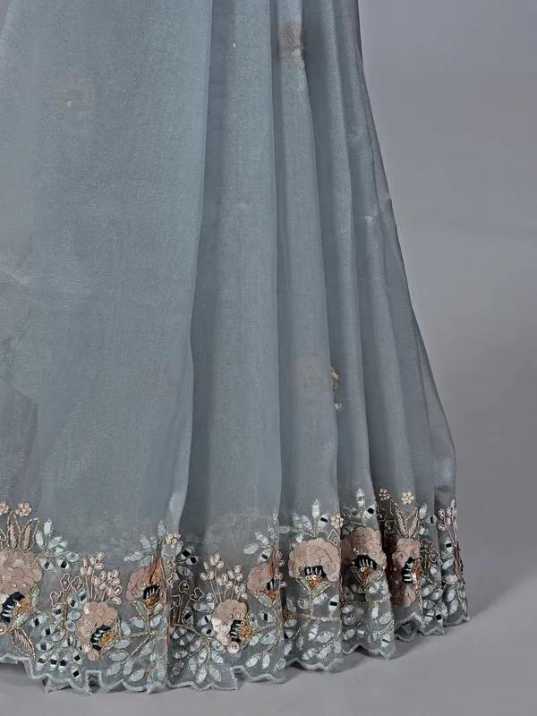 Pastel grey tissue silk saree for wedding wear