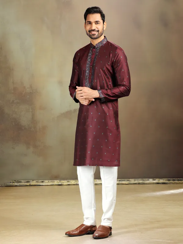 Pastel maroon silk kurta set for festive days