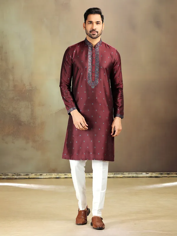 Pastel maroon silk kurta set for festive days