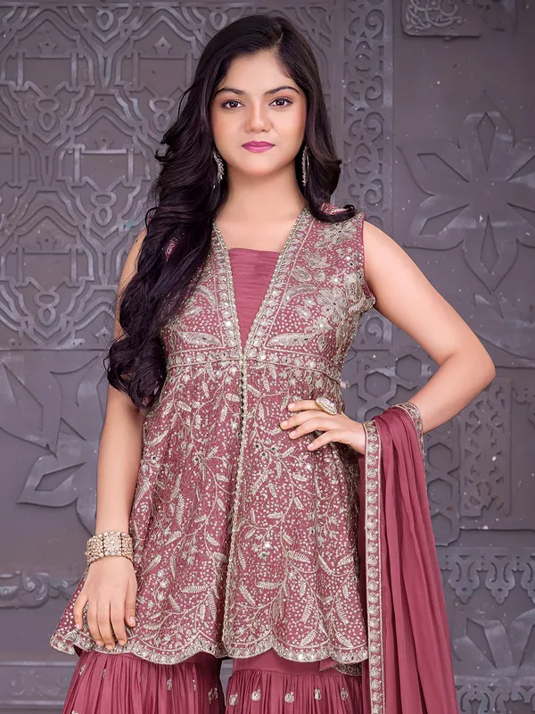 Pastel maroon silk sharara suit for festival wear