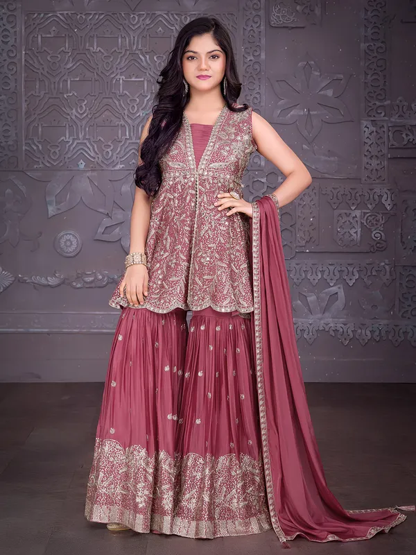 Pastel maroon silk sharara suit for festival wear