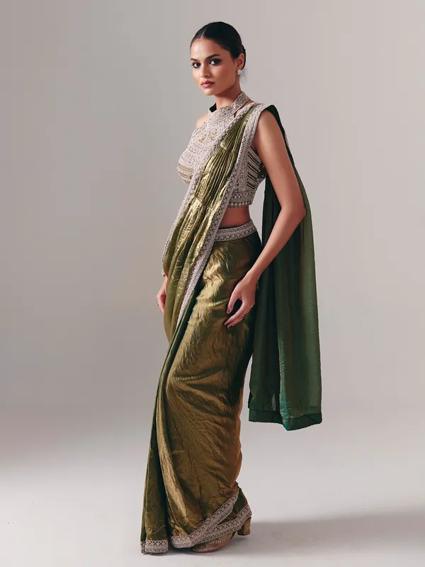 Pastel olive chiffon silk ready to wear saree for wedding