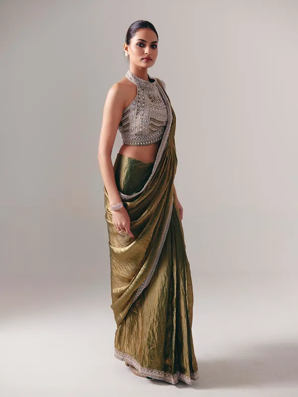 Pastel olive chiffon silk ready to wear saree for wedding