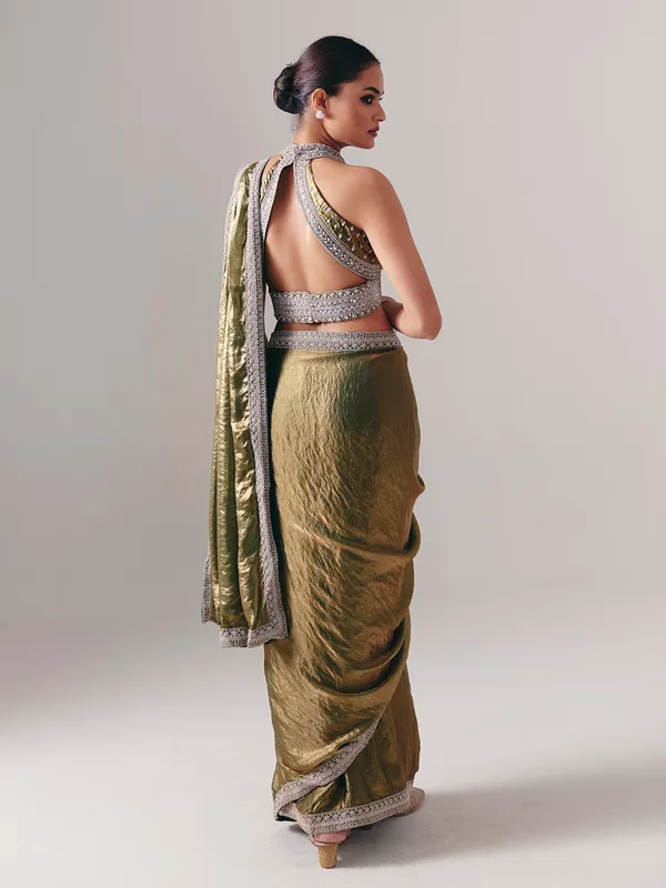 Pastel olive chiffon silk ready to wear saree for wedding