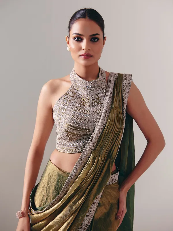 Pastel olive chiffon silk ready to wear saree for wedding