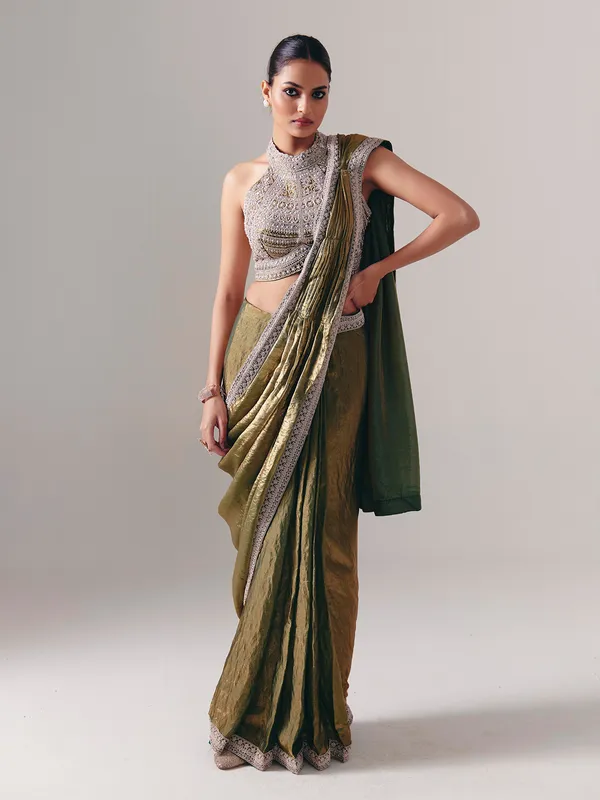 Pastel olive chiffon silk ready to wear saree for wedding