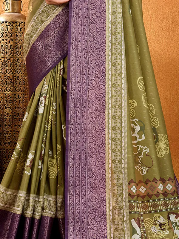 Pastel olive crepe silk saree in digital printed